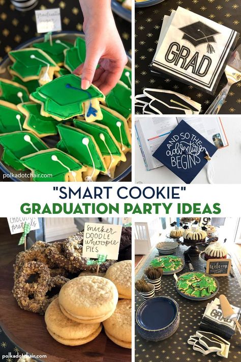 Host a graduation party with a "one smart cookie" theme with our fun graduation party ideas. One Smart Cookie Graduation Party, Smart Cookie Graduation Party, Cookie Graduation Party, Boys High School Graduation Party, Grad Party Theme, Grad Party Decor, Senior Graduation Party, Cookies Theme, Polka Dot Chair