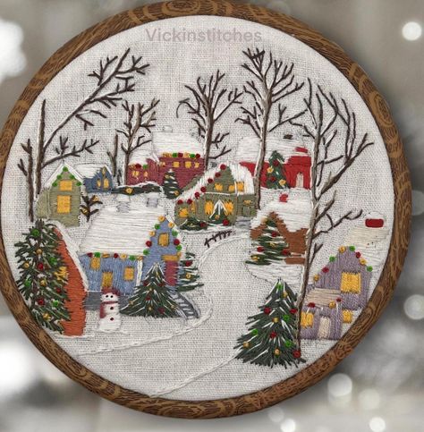 Beautiful snowy country Christmas village  embroidery Kit wall hanging. 6'" hoop design full kit. This beautiful embroidery kit features a snowy holiday scene of a country snow village  nestled into a pine forest. This is a complex and very detailed design I would not recommend to new beginners. This design also contains many many colors in order to add all the festive tiny details.  Easy-to-follow instructions should help you to stitch your way to a  beautiful art piece.   Complete all included Christmas Scene Embroidery, Christmas Village Embroidery, Christmas House Embroidery, Village Embroidery, Hometown Christmas, Vintage Village, Winter Embroidery, Snowflake Craft, Christmas Village Houses