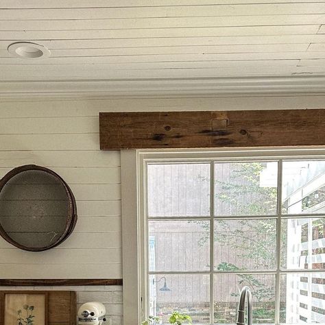 Wood Over Windows Interior, Faux Beam Window Trim, Wood Beam Window Header, Faux Cedar Headers Above Windows, Remove Window Trim, Wood Accent Above Exterior Window, White Oak Window Trim, Beam Over Window, Beam Above Window