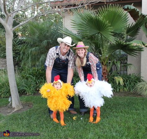 Family Farm Animal Halloween Costumes, Farmer And Chicken Family Costume, Twin Halloween Costumes For Babies Girls, 12 Month Halloween Costume, Farmer And Chicken Costume, Chicken And Farmer Halloween Costume, Diy Chicken Costume Toddler, Chicken Family Costume, Farmer Family Halloween Costume