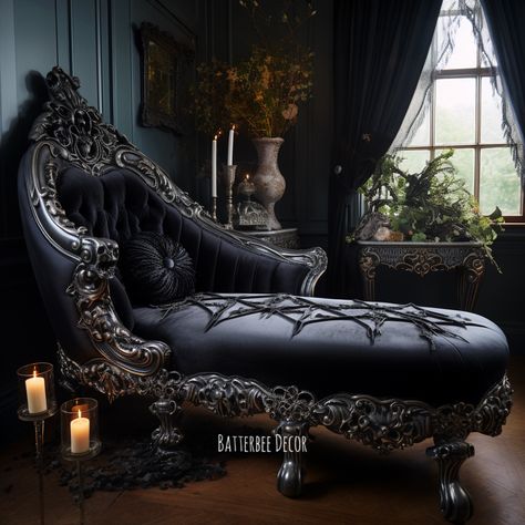 Ornate black Victorian Gothic Chaise Lounge Victorian Goth Aesthetic, Victorian Gothic Home Decor, Gothic Chair, Gothic Homes, Gothic Furniture, Dark Home Decor, Victorian Goth, Dark Home, Gothic Decor