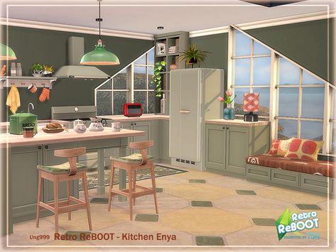 ung999's Retro ReBOOT_kitchen Enya Pt. 2 Indigo Bedding, Kitchen Cabinet Shelves, Sims 4 Kitchen, Kitchen Plants, Gourmet Kitchens, Simple Kitchen, Sims Community, Bread Basket, Living Table