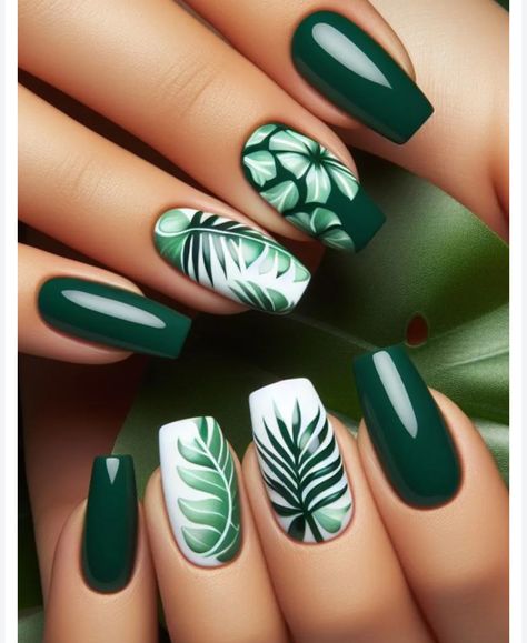 Shellac Nails Vacation, Tropical Nails Coffin, Maui Nails Hawaii, Green Summer Nails Square, Green Beach Nails, Rainforest Nails, Green Nail Designs Summer, Tropical Nail Ideas, Gel Nails Green