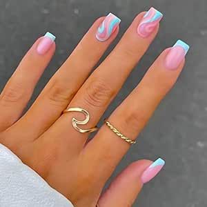 Light Blue Nails, Summery Nails, Beach Nails, Stick On Nails, Square Acrylic Nails, Nails Short, Nail Designs Summer, Chrome Nails, Square Nails