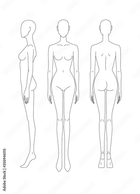 Sketch of the female body. Front, side and rear view. Female body template for drawing clothes. You can print and draw directly on sketches. Stock Vector | Adobe Stock Female Body Template, Sketch Female Body, Female Croquis, Sketch Female, Side View Drawing, Kaftan Pattern, Body Template, Models To Draw, Model Sketch