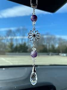 Flower Charm Crystal Pendant BOHO Rearview Mirror Car Charm, Sun Catcher, Yellow Citrine, Rose Quartz, Cherry Glass, New Car Gift (Amethyst) Mirror Ornament, New Car Gift, Flamingo Christmas, Car Gift, Beaded Lanyards, Rear View Mirror Ornament, Crystal Suncatchers, Mirror Interior, Yellow Citrine