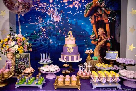 Dessert table from a "Floating Lanterns Gleam" Tangled Birthday Party on Kara's Party Ideas | KarasPartyIdeas.com (10) Rapunzel Birthday Party Decorations Tangled Lanterns, Rapenzul Quince Theme, Rapenzul Birthday Party, Tangled Dessert Table, Rapunzel Dessert Table, Tangled Birthday Decorations, Tangled Bday Party Ideas, Tangled Rapunzel Birthday Party Ideas, Tangled Birthday Invitations