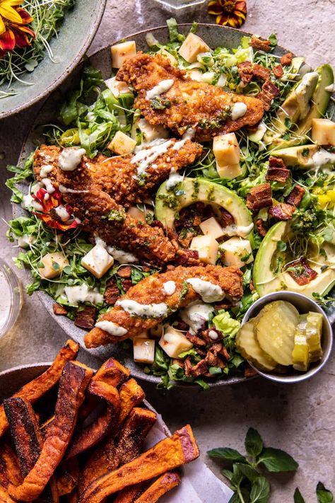 Half Baked Harvest Pretzel Chicken, Dinners With Bacon, Salad Entree, Chicken Bacon Salad, Pretzel Chicken, Pretzel Crusted Chicken, Chicken And Avocado, Salad Simple, Half Baked Harvest Recipes