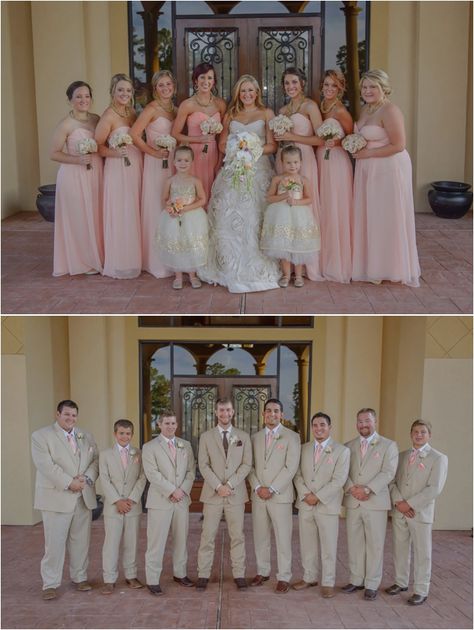 Bride-with-Bridal-Party-in-Pink-Dresses-and-Groomsmen-in-Beige-Suits Wedding With Crystals, Pale Pink Bridesmaids, Pink Groomsmen, Pale Pink Bridesmaid Dresses, Pink Bridal Party, Pink Bridesmaids Dresses, Pink Bridesmaids, Rental Wedding Dresses, Tan Wedding