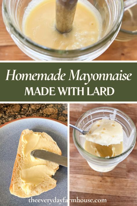 Homemade Mayo with Lard (Carnivore Mayonnaise) - The Everyday Farmhouse Collagen Bone Broth Recipe, Homemade Lard, Lard Recipe, How To Make Mayonnaise, Homemade Mayo, Mayonnaise Recipe, Homemade Condiments, Homemade Mayonnaise, Veggie Dip