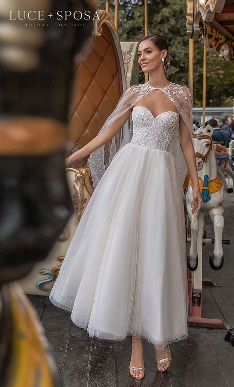 Wedding Dresses Medium Length, Short Dress With Cape Gowns, Mid Wedding Dress Tea Length, Strapless Tea Length Wedding Dress, Summer Wedding Dress Short, Fairy Wedding Dress Short, Short Wedding Dress With Cape, Best Wedding Dress For Short Women, Tea Wedding Dress