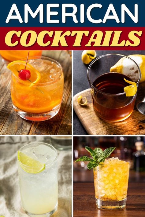 These classic American cocktails never go out of style! From mint juleps to old-fashioneds to Manhattans, show your pride for the US with these yummy drinks. Traditional American Food, Brandy Old Fashioned, American Cocktails, American Drinks, Mint Juleps, Cocktail Names, American Foods, Grapefruit Soda, Long Island Iced Tea