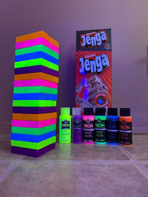 Glow Party Ideas Outdoor, Glow Out Party, Blacklight Glow Party, Glow Slumber Party, Glow In The Dark Jenga, Neon Glow Centerpieces, Neon Paint Party Ideas, Uv Party Ideas, Glow In The Dark Birthday Theme