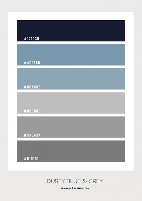 Dusty Blue and Grey Bedroom Color Scheme Blue And Grey Paint Schemes, Grey Blue Pallete Color, Smoky Blue Color Palette, Grey Pallete Color, Canva Color Palette Codes Blue, Dusty Blue Bedding, Pallete Color Blue, Blue And Grey Color Palette, Blue And Grey Bedroom