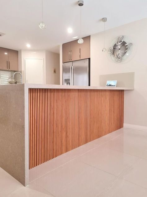 Kitchen Island Panels, Timber Feature Wall, Concrete Kitchen Island, Bamboo Panels, Timber Slats, Concrete Kitchen, Wall Home Decor, Diy Kitchen Island, Kitchen Benches