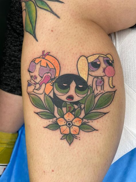 Matching Friend Tattoos, Girl Neck Tattoos, Sibling Tattoos, Creepy Tattoos, Powerpuff Girl, Blossom Tattoo, Puff Girl, Aesthetic Tattoo, Friend Tattoos