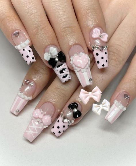 Aesthetic Nail Art, Coquette Nail, Nails Girly, Princess Vibe, Coquette Nails, Aesthetic Nail, Polka Dot Nails, Pretty Gel Nails, Really Cute Nails