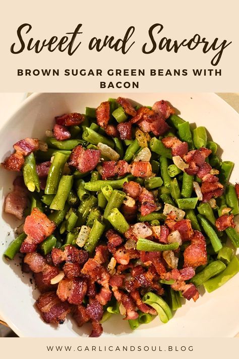 Brown sugar green beans with bacon is a fantastic side dish for several reasons. The brown sugar caramelizes slightly, enhancing the natural sweetness of the green beans, while the bacon adds a delicious crunch and smoky depth. With tender green beans and crispy bacon, the combination of textures makes every bite satisfying. This quick and easy recipe can be made in under 30 minutes, making it perfect for a weeknight meal or a classic dish to prepare for your next social gathering. Green Beans In Bacon Grease, Green Beans Bacon Recipe, Green Bean Bacon Brown Sugar, Old Fashioned Green Beans With Bacon, Green Bean Recipes Sweet, Easy Green Beans With Bacon, Brown Sugar And Bacon Green Beans, Sweet Green Beans Brown Sugar, String Beans With Bacon