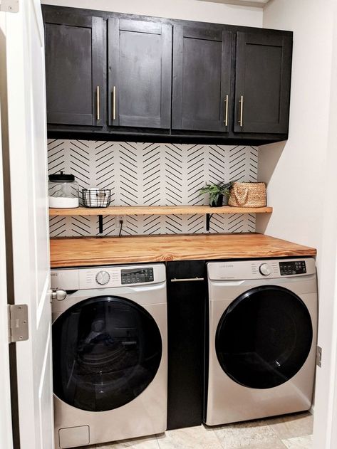 Satin Nickel Washer And Dryer Laundry Room, Laundry Room Space Between Washer And Dryer, Laundry Room Cabinet Makeover, Black And Gold Laundry Room Ideas, Simple Laundry Room Design, Laundry Room Design Cabinets, Home Remodeling On A Budget, Black And White Laundry Room, Combined Laundry And Bathroom