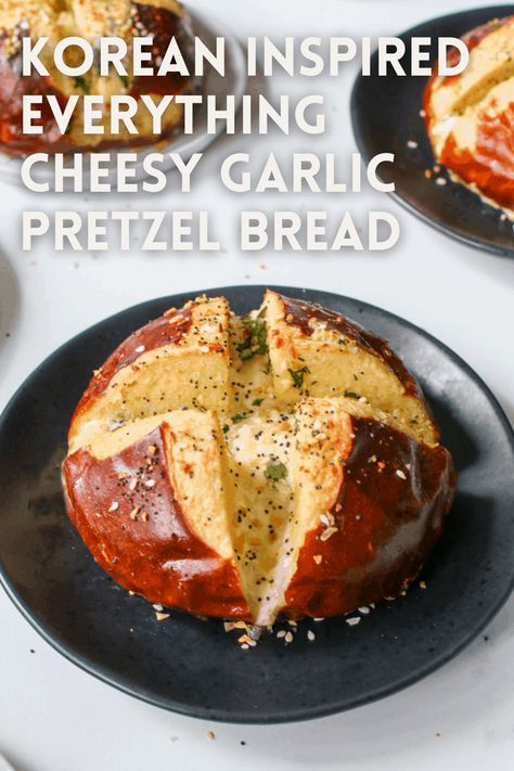 Korean Inspired Everything Cheesy Garlic Pretzel Bread Garlic Pretzel Recipe, Cheesy Garlic Pretzel Bread, Korean Garlic Bread, Korean Style Cream Cheese Garlic Bread, Korean Cream Cheese Garlic Buns, Disneyland Cheesy Garlic Pretzel Bread, Pretzel Bread, Pretzel Cheese, Cream Cheese Bread