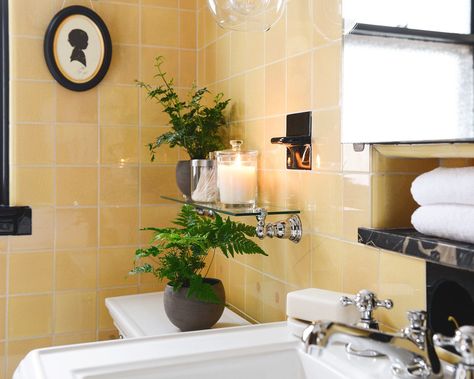 Yellow Tile Bathroom Ideas, Yellow Tile Bathroom, Vintage Yellow Bathroom, Yellow Bathroom Tiles, Bathroom Yellow, Yellow Tiles, Yellow Bath, Yellow Brick Home, Waffle Weave Shower Curtain