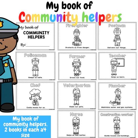 This Mini Book of community Helpers is a great resource to learn about the helpers in our community and what they do. Children can colour in and read and can be used as an Emergent Reader for their book boxes or for guided reading sessions. Postman, firefighter, chef, policeman, farmer, teacher, doctor, dentist, veterinarian, nurse, plumber, construction worker, trash collector, painter, librarian, crossing guard and coach. community helpers activities community helpers printables Community Helpers Printables, Community Helpers Preschool Crafts, Community Helpers Activities, Trash Collector, Doctor Dentist, Crossing Guard, Community Helpers Preschool, Book Boxes, Community Helper