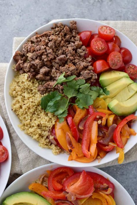 Easy Three Way Quinoa Lunch Bowl Recipe | Healthy Fitness Meals Quinoa With Ground Beef Recipes, Quinoa Beef Bowl, Easy Protein Bowls Lunch, Ground Turkey Quinoa Bowl, Ground Beef Quinoa Bowl, Grain Bowls Healthy Recipe Ideas, Quinoa Meat, Recipes Beef Ground, Quinoa Lunch Recipes