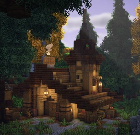 Dark Oak House Ideas Minecraft, Minecraft Woodland Cottage, Minecraft Hermit House, Minecraft Woodland House, Unique Minecraft House Ideas, Minecraft Campfire Ideas, Minecraft Dark House, Minecraft House Inspiration, Minecraft Medieval Village