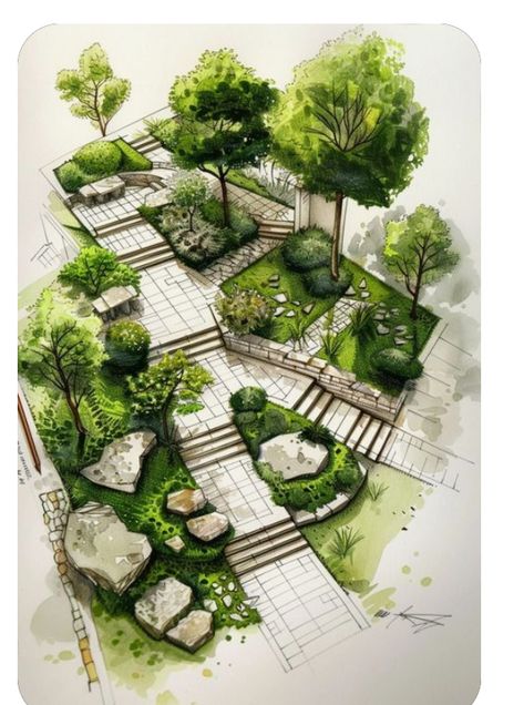 Terrace Inspiration, Terrace Designs, Garden Layout Ideas, Landscape Design Drawings, Enchanting Garden, Landscape Architecture Drawing, Minimalist Garden, Landscape Sketch, Architecture Design Sketch