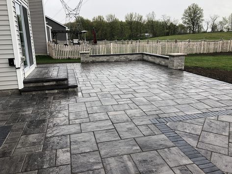 custom paver patios in shade of gray Pergola Paver Patio, Unilock Patio Ideas, Backyard Hardscape, Unilock Pavers, Pavers Design, Paver Patios, Shade Of Gray, Patio Pavers Design, Patio Pavers