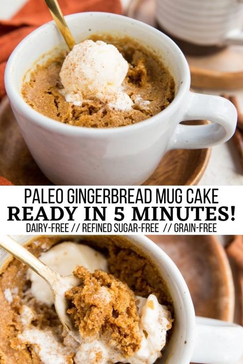 Low Calorie Gingerbread, Low Carb Gingerbread Cake, Gingerbread Mug Cake, Aip Paleo Desserts, Moist Gingerbread, Paleo Mug Cake, Paleo Gingerbread, Low Carb Gingerbread, Gingerbread Mug