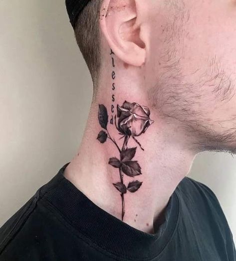 Rose Neck Tattoo Men, Rose Tattoo On Neck, Dead Rose Tattoo, Rose Neck Tattoo, Flower Neck Tattoo, Tattoo On Neck, Men Flower Tattoo, Little Rose Tattoos, Rose Tattoo Meaning