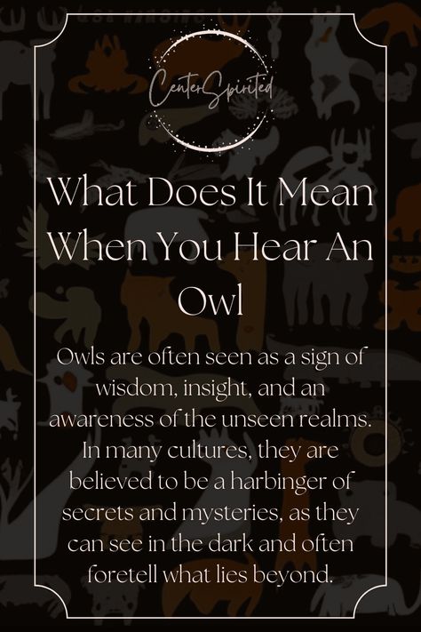 Hear an owl hooting outside your window? You might be wondering what it could mean. While owls have long been a symbol of wisdom and intelligence in m...https://centerspirited.com/animal-symbolism/what-does-it-mean-when-you-hear-an-owl/ Spiritual Meaning Of Owls, Hearing An Owl Meaning Spiritual, Spiritual Meaning Of Hearing Owls, Owl Hooting Meaning Spiritual, Owl Asthetic, Owl Meaning Spiritual, Owl Symbolism Meaning, Animal Symbolism And Meanings, Owl Spiritual Meaning