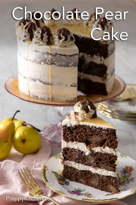 Chocolate Cake Making, Chocolate Pear Cake, Pear And Chocolate Cake, Unusual Dessert, Silk Pie Recipe, Italian Cream Cake Recipe, Cream Filling Recipe, Flat Cakes, Italian Cream Cakes