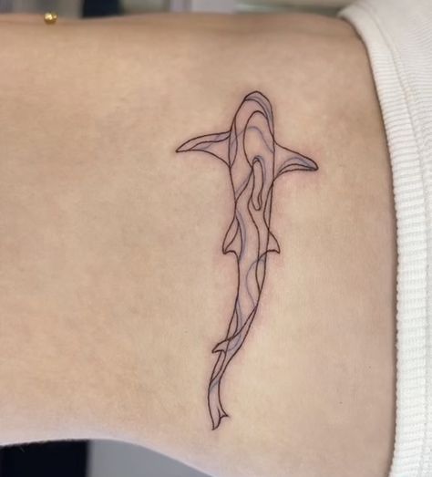 Water Animals Tattoo Ideas, Whale Jumping Out Of Water Tattoo, Line Art Shark Tattoo, Whale Shark Fine Line Tattoo, Single Line Shark Tattoo, Line Work Shark Tattoo, Whale Shark Spine Tattoo, Stingray Spine Tattoo, Simple Shark Tattoos For Women