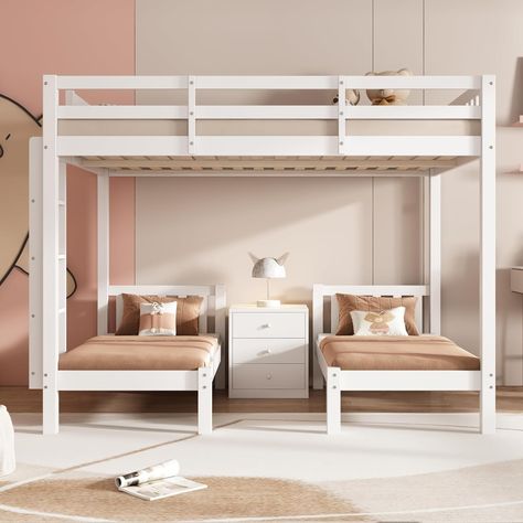 Kids Wooden Bed, Bed Frame High, Loft Beds For Teens, Three Beds, Triple Bed, Triple Bunk Beds, Mid Sleeper Bed, Kids Shared Bedroom, High Sleeper