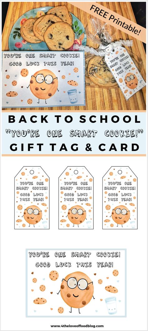 Looking for a gift to give your back to school kiddos on the first day of school? This set of Smart Cookie printable tags and cards is an easy gift idea that you can attach to a treat bag, gift basket or even add with a fresh baked cookie in a lunchbox! You Are A Smart Cookie, You’re One Smart Cookie Free Printable, You're A Smart Cookie Free Printable, Smart Cookie Tags Free Printable, Open House Treats For Students Free Printable, Cookie Gift Tags Printable, Free Printable Treat Bag Toppers, Gifts For First Day Of School, Welcome Back To School Treats For Kids