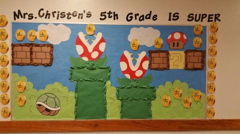 Mario Bros bulletin board! Mario Brothers Classroom Theme, Mario Bros Bulletin Board, Mario Brothers Bulletin Board, Super Mario Bros Classroom Theme, Super Mario Bulletin Board, Mario Bulletin Board, Mario Classroom, Mario Ideas, College Bulletin Boards