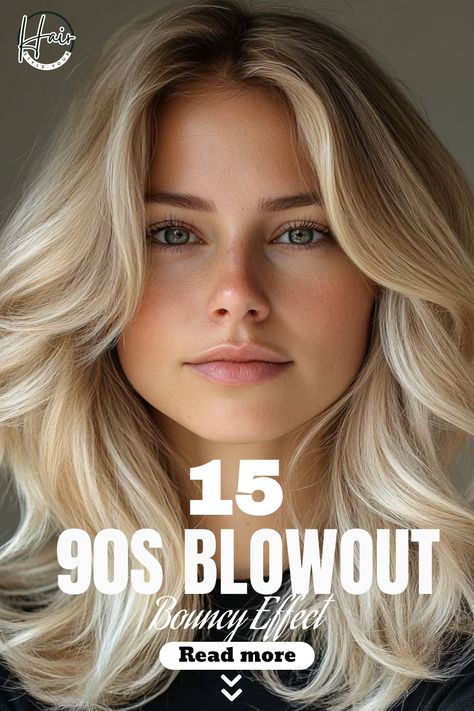 Person with long, wavy blonde hair showcasing a '90s blowout hairstyle. Text: "15 90s Blowout - Bouncy Effect. Read more." 90s Blowout Hairstyles, 90s Hair Blowout, Grunge Glamour, 90s Blowout Hair, Tennis Hairstyles, 90s Glamour, Blowout Look, Blowout Hairstyle, Blowout Hairstyles