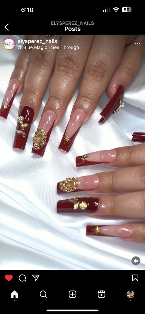 Red White Gold Nails, White Nails With Gold, Prom Inspo, Baddie Nails, Wedding Nail, Nails Inspo, Square Nails, Gold Nails, Cute Acrylic Nails