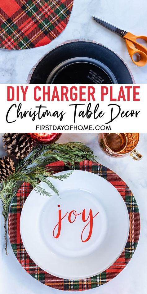 Learn how to make a DIY charger plate using fabric and Mod Podge. This is a simple craft that will make your dining room table look gorgeous for any holiday. #chargerplate #christmasdiy #diydecor #diningroomdecor #firstdayofhome Diy Chargers Plates Ideas Christmas, Diy Placemats Christmas, Plate Chargers Ideas, Diy Chargers Plates Ideas, Dollar Tree Charger Plates Diy, Dollar Tree Charger Plates, Diy Charger Plates, Charger Plates Christmas, Charger Plates Diy