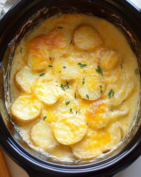 Make these slow cooker scalloped potatoes: creamy, cheesy, and tender perfection! Save oven space with this easy crockpot recipe. Easy Cheesy Crockpot Potatoes, Potatoes And Onions In Crockpot, Martha Stewart Slow Cooker Scalloped Potatoes, Cheese Potatoes In Crockpot, Scalloped Potatoes Easy Simple Crock Pot, Scallop Potatoes Crockpot, Crock Pot Scalloped Potatoes Slow Cooker, Crockpot Cheesy Scalloped Potatoes, Cheesy Scalloped Potatoes Crockpot