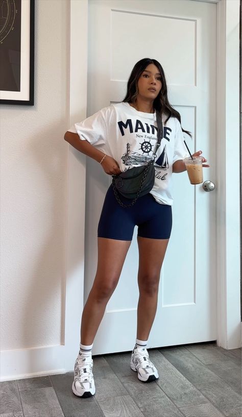 Vee_Mendoza on LTK Xl Outfits For Women Summer, Casual Summer Athleisure, New Balance Biker Shorts Outfit, Across Body Bag Outfit, Sneaker Outfit Inspo Women, Outfit With Chunky Sneakers, Women Outfit With Sneakers, Athletic Fashion Womens, Styling Crew Socks