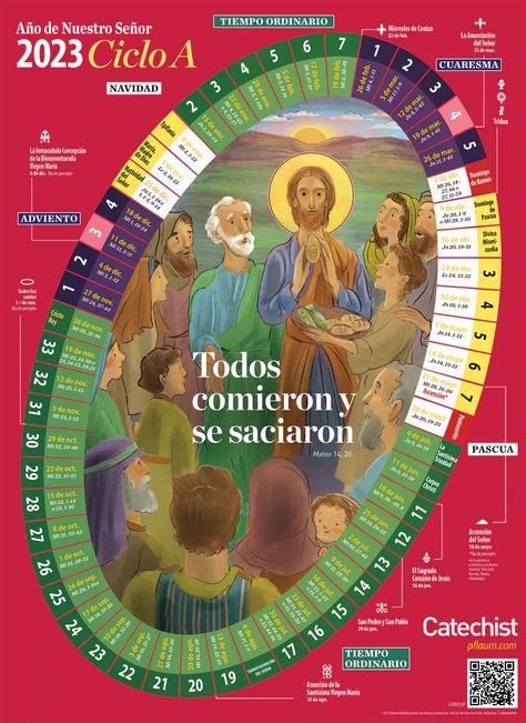 Spanish Family Calendar. This popular calendar, a tradition every fall in Catechist magazine, provides a beautiful overview of the liturgical year for teachers, parents and children. Highlights holy days of obligation and depicts Gospel events in the cycle. Begins the first Sunday of Advent, 2022. Family version is 11' x 16'. Pack of 25. Catholic. Spanish Family, Liturgical Calendar, Catholic Prayers Daily, First Sunday Of Advent, Gospel Reading, Liturgical Year, Gospel Of Luke, Classroom Calendar, Family Calendar