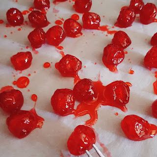 Diy Candied Cherries, How To Make Candied Cherries, Making Candied Fruit, Diy Candied Fruit, How To Make Candied Fruit, Candied Cherries Recipe, Candy Cherries, Marachino Cherries, Glace Fruit