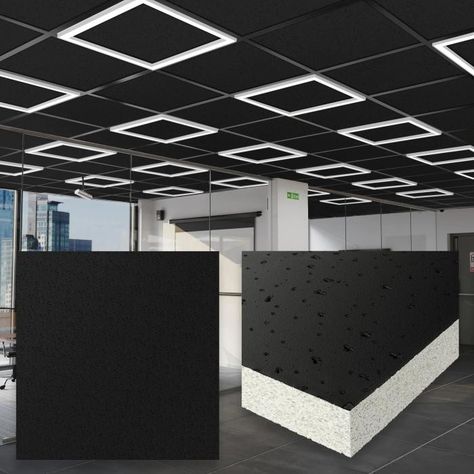 Black Acoustic Ceiling, Black Ceiling Tiles, Grid Ceiling, Acoustic Ceiling Tiles, Acoustic Ceiling, Sound Energy, Fiber Board, Colored Ceiling, Ceiling Installation