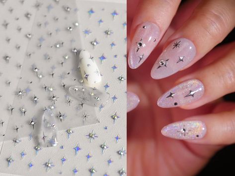 Gilding Silver Halo Crystals Stars Nail Stickers/ Twinkle, winkle, little Star Peel off Sticker/ Rhinestone Decals 4-pointed Star Nails by Makynail on Etsy Unicorn Nail Art, Rhinestone Decal, Nail Decals Diy, Celestial Stars, Christmas Nail Stickers, Gothic Nails, Gel Nail Extensions, Unicorn Nails, Nail Stickers Decals