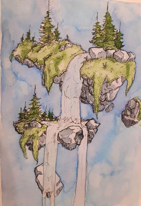 Volcano Drawing, Island Drawing, Castle Sketch, Floating Islands, Watercolor Scenery, Forest Drawing, Skateboard Art Design, Floating Island, Drawing Stencils