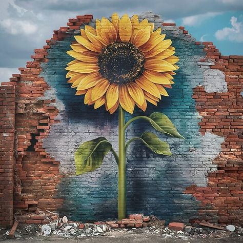 Mural On Brick Wall, Sunflower Mural, Yellow Petals, Magnetic Wall, Red Bricks, Aesthetic Vintage, Glossier Stickers, Brick Wall, Art Designs