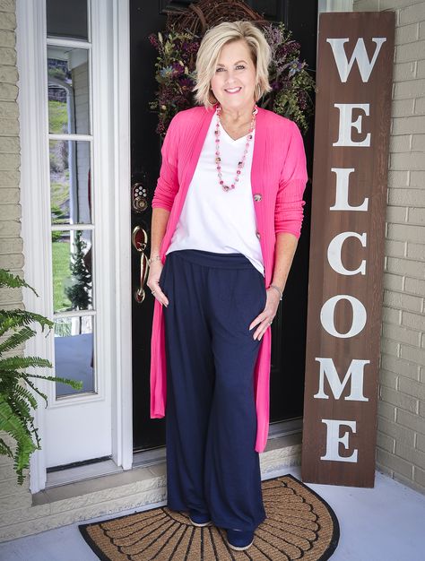 Hot Pink Cardigan Outfit Work, Hot Pink Cardigan Outfit, Duster Cardigan Outfit, Pink Cardigan Outfit, Duster Outfit, Navy Lounge, Tania Stephens, Hot Pink Cardigan, Hot Pink Pants